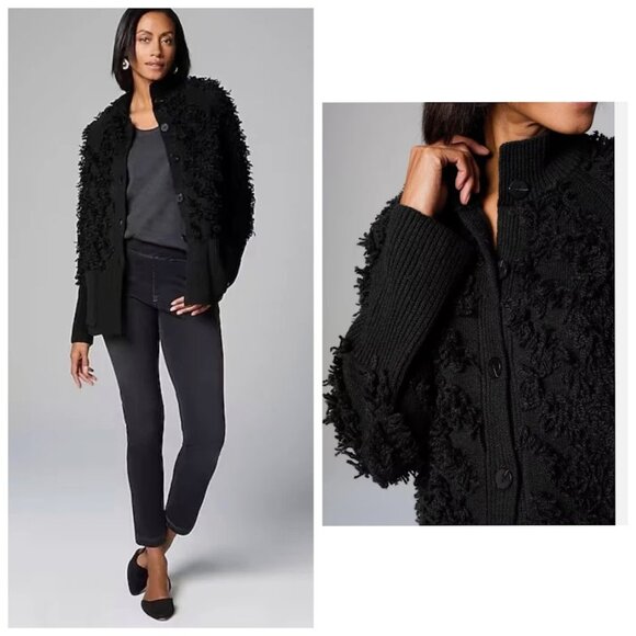 NWT J. Jill Textured Fringe Cardigan Button Front Black Fluffy Cozy 3X - Picture 1 of 13